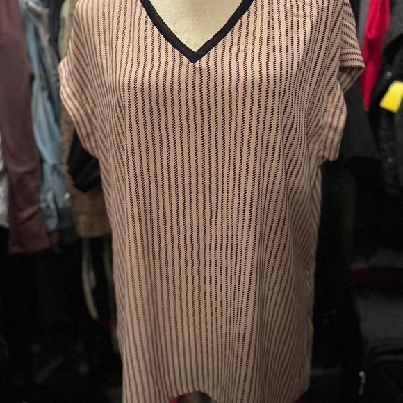 Worthington Tops - Worthington Womens V-Neck Short Sleeve Geometric Stripe Blouse Pink Black Large